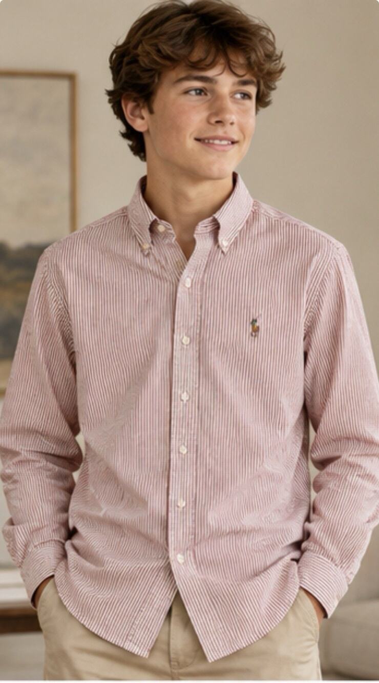Polo Ralph Lauren Oxford Shirt Boys 14 Red White Stripe Long Sleeve Pony